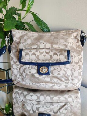 Coach Signature Stripe Tote • Blue Leather Trim • Beige/Blue Canvas • EUC